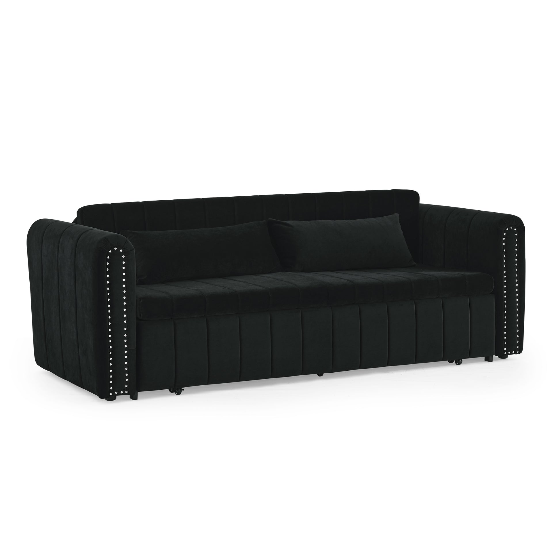 3 In 1 Pull Out Bed Sleeper, Modern Upholstered 3 Seats Lounge Sofa & Couches With Rolled Arms Decorated With Copper Nailsconvertible Futon 3 Seats Sofabed With Two Drawers And Two Pillows Black Velvet Primary Living Space Medium Soft Cushion Back Rolled