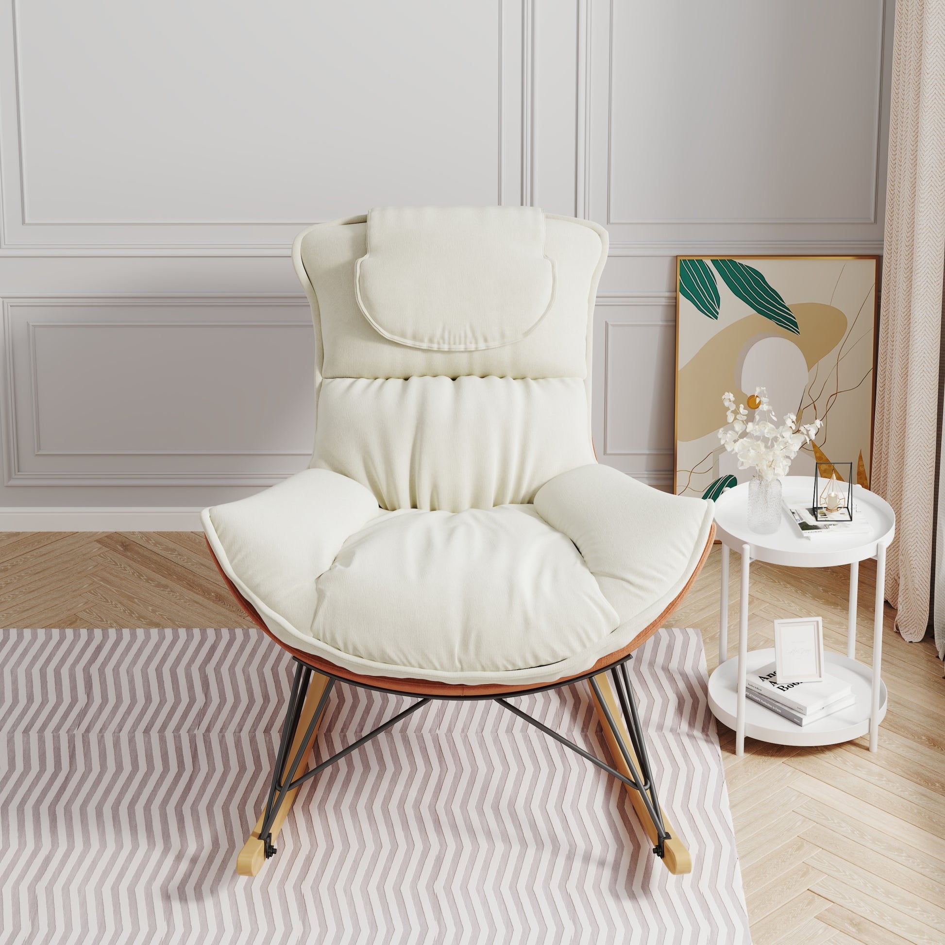 Leisure Sofa Single Rocking Chair, Light Luxury Sofa Chair, Balcony Leisure Area Single Chair, Comfortable And Breathable,Detachable And Washable Seat Cushion Color: Beige White Velvet