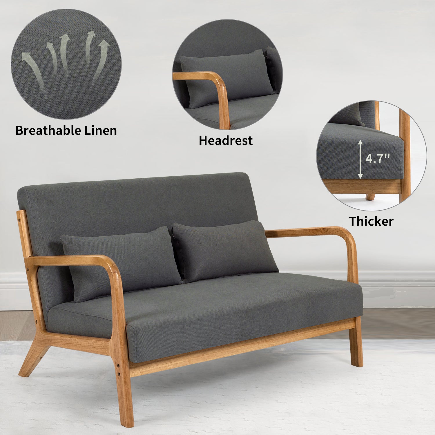 Leisure Chair With Solid Wood Armrest And Feet, Mid Century Modern Accent Sofa,2 Seat Dark Gray Linen