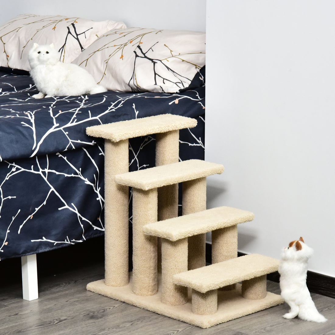 Pawhut 25" 4 Step Multi Level Carpeted Cat Scratching Post Pet Stairs, Beige Brown Particle Board