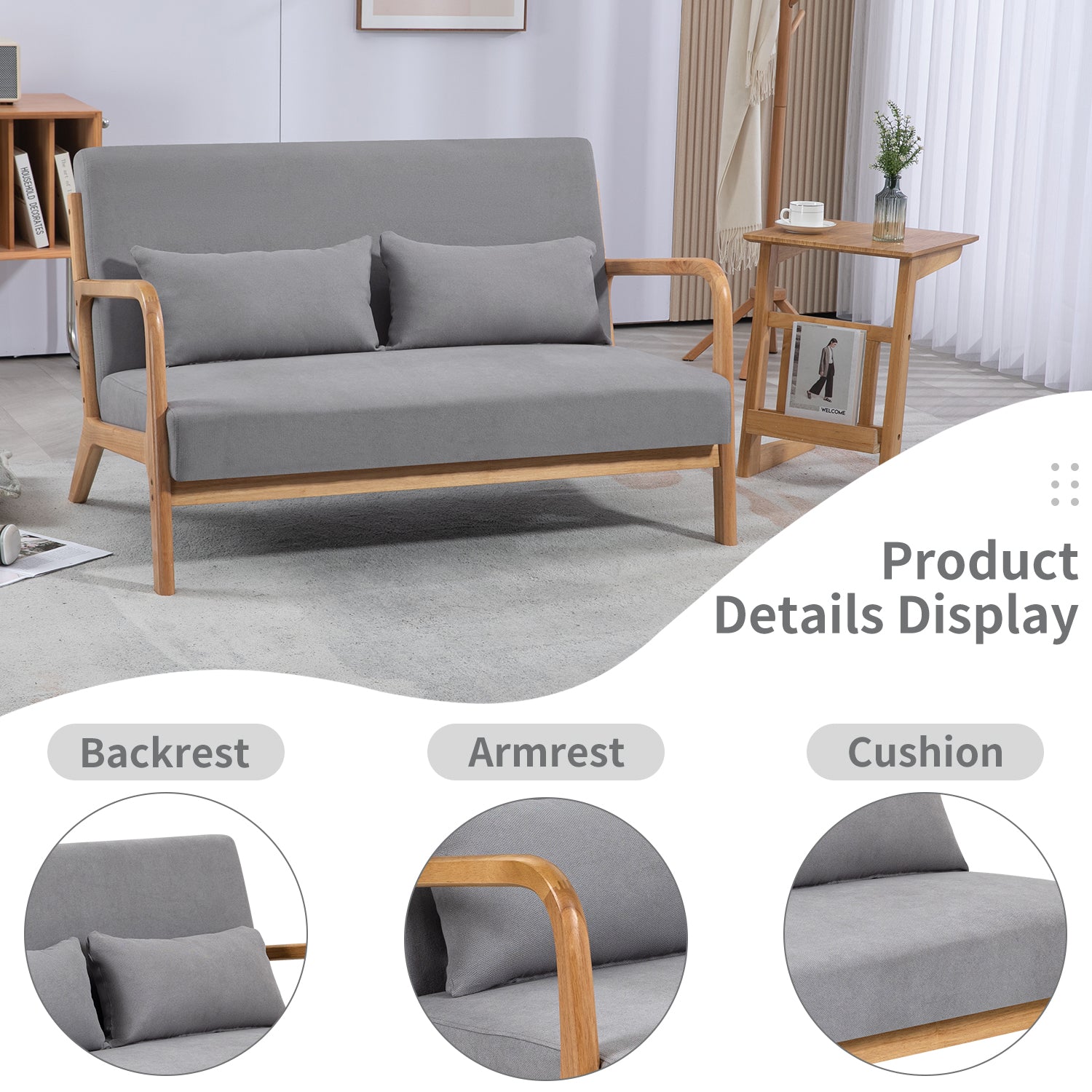 Leisure Chair With Solid Wood Armrest And Feet, Mid Century Modern Accent Sofa,2 Seat Light Gray Linen