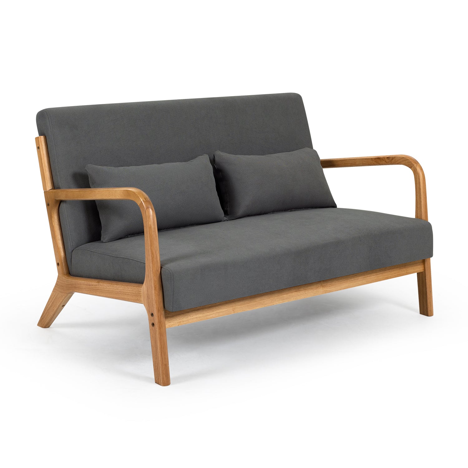 Leisure Chair With Solid Wood Armrest And Feet, Mid Century Modern Accent Sofa,2 Seat Dark Gray Linen