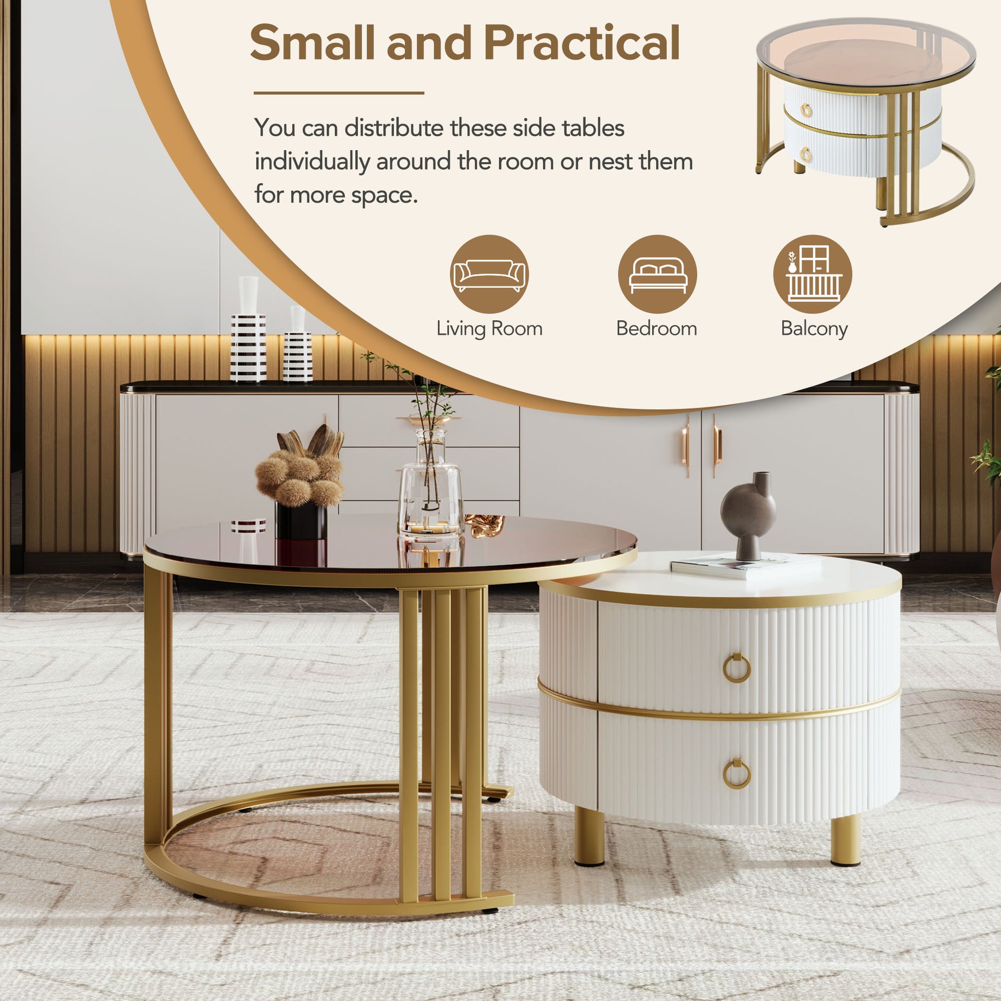 27.5'' & 19.6'' Stackable Coffee Table With 2 Drawers, Nesting Tables With Brown Tempered Glass And High Gloss Marble Tabletop, Set Of 2, Round Center Table For Living Room, White Golden White Primary Living Space Drawers Round Mdf Iron