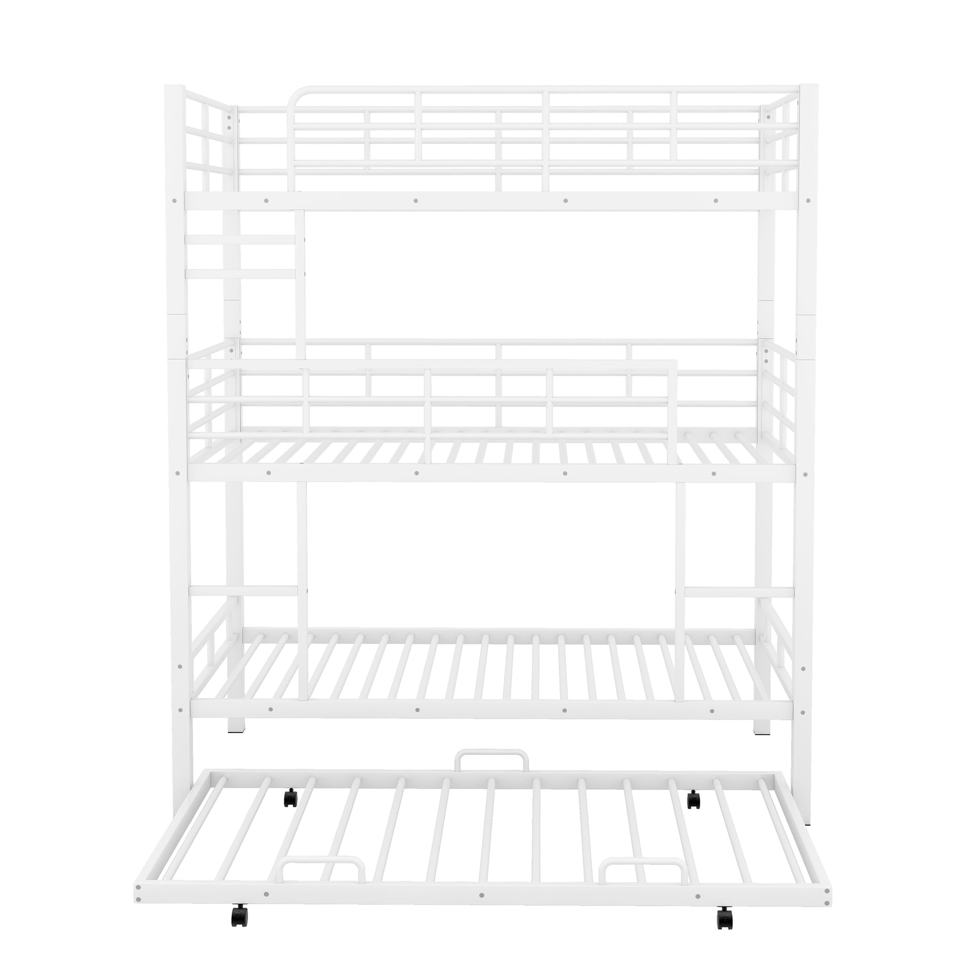 Metal Twin Size Triple Bunk Bed With Trundle, White Antique White Metal