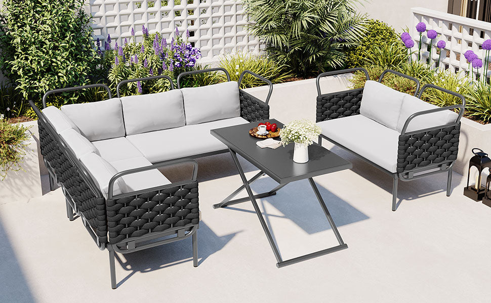 5 Piece Modern Patio Sectional Sofa Set Outdoor Woven Rope Furniture Set With Glass Table And Cushions, Black Gray Yes Sectional Grey Black Weather Resistant Frame Water Resistant Cushion Garden & Outdoor Modern Sectional Seating Groups Foam Woven Rope