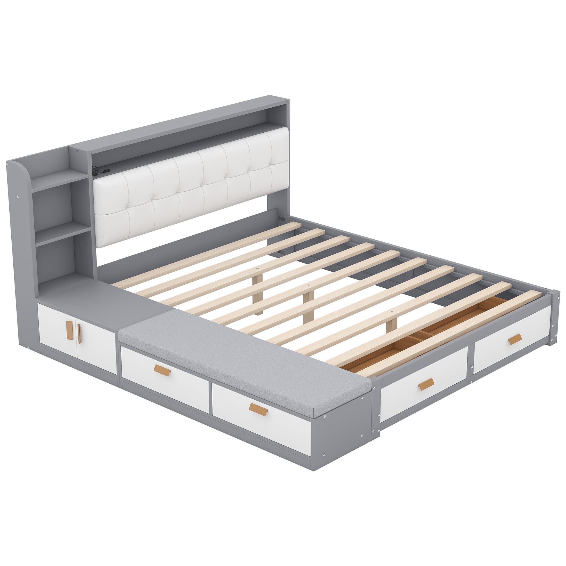 Queen Size Low Profile Platform Bed Frame With Upholstery Headboard And Storage Shelves And Drawers,Usb Charging Design,Gray Queen Gray Solid Wood Mdf