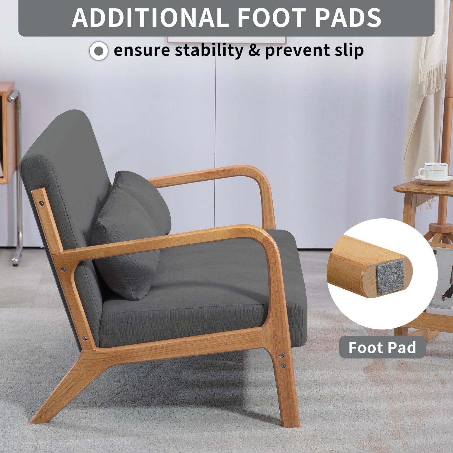 Leisure Chair With Solid Wood Armrest And Feet, Mid Century Modern Accent Sofa,2 Seat Dark Gray Linen