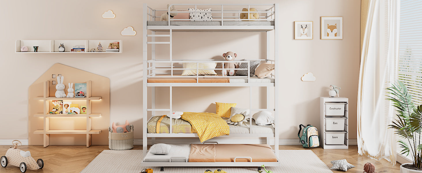 Metal Twin Size Triple Bunk Bed With Trundle, White Antique White Metal