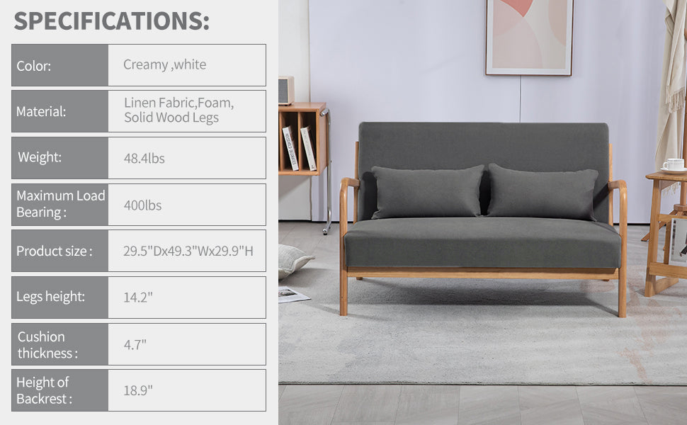 Leisure Chair With Solid Wood Armrest And Feet, Mid Century Modern Accent Sofa,2 Seat Dark Gray Linen