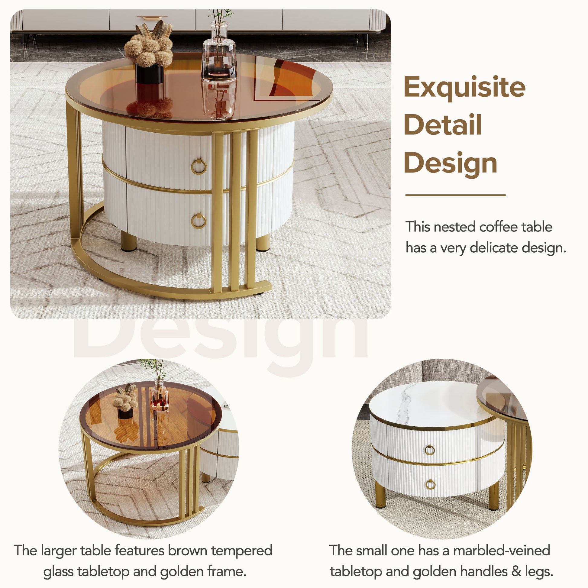 27.5'' & 19.6'' Stackable Coffee Table With 2 Drawers, Nesting Tables With Brown Tempered Glass And High Gloss Marble Tabletop, Set Of 2, Round Center Table For Living Room, White Golden White Primary Living Space Drawers Round Mdf Iron