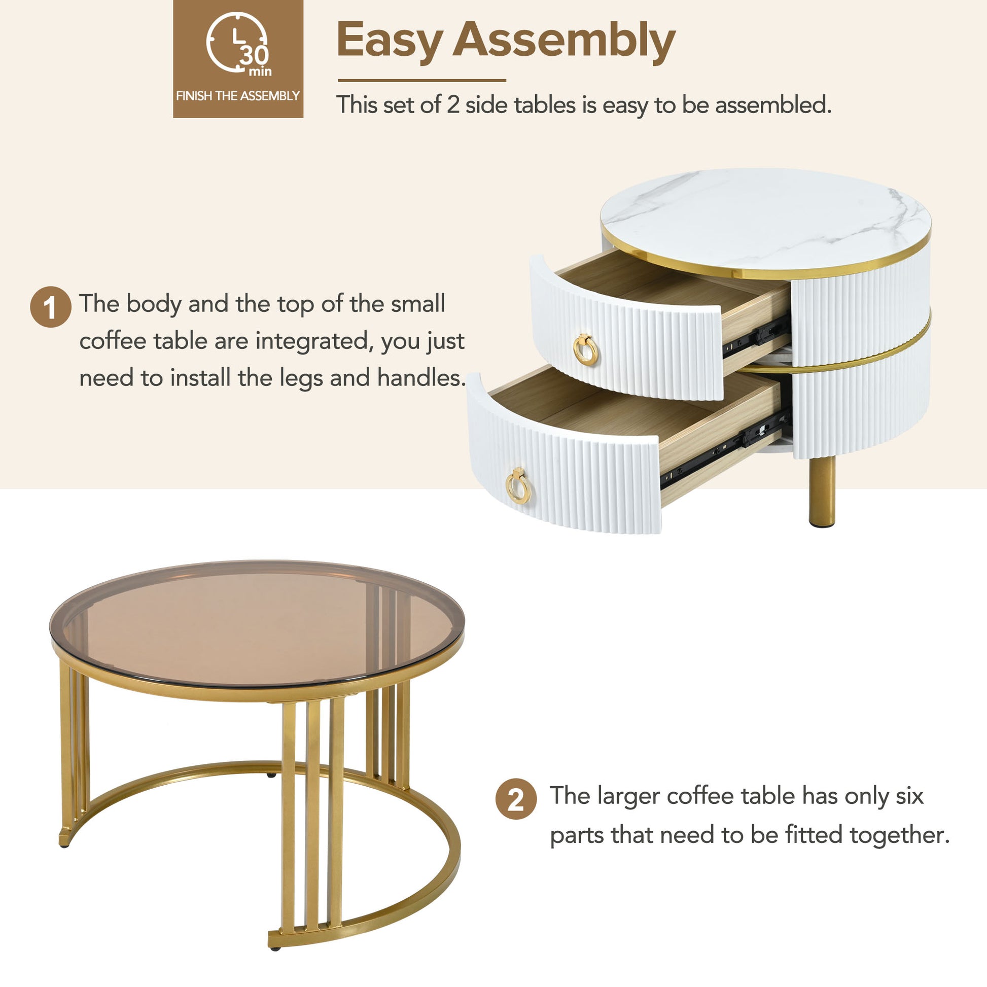 27.5'' & 19.6'' Stackable Coffee Table With 2 Drawers, Nesting Tables With Brown Tempered Glass And High Gloss Marble Tabletop, Set Of 2, Round Center Table For Living Room, White Golden White Primary Living Space Drawers Round Mdf Iron