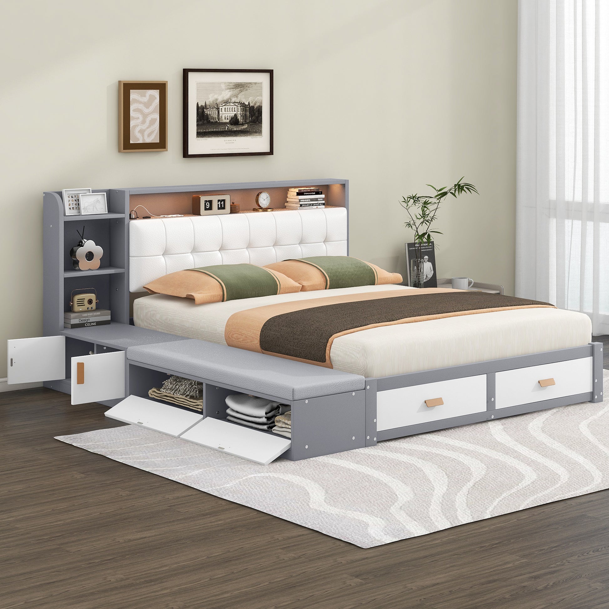 Queen Size Low Profile Platform Bed Frame With Upholstery Headboard And Storage Shelves And Drawers,Usb Charging Design,Gray Queen Gray Solid Wood Mdf