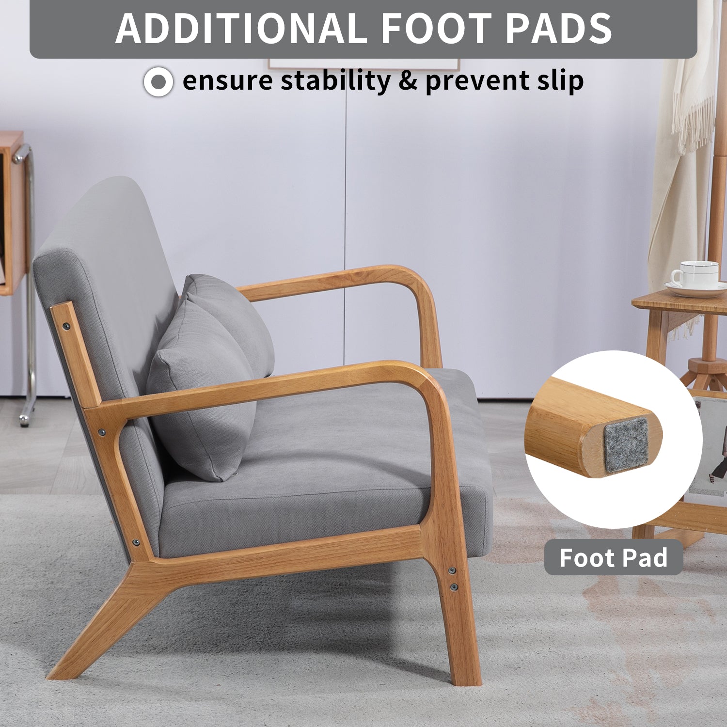 Leisure Chair With Solid Wood Armrest And Feet, Mid Century Modern Accent Sofa,2 Seat Light Gray Linen