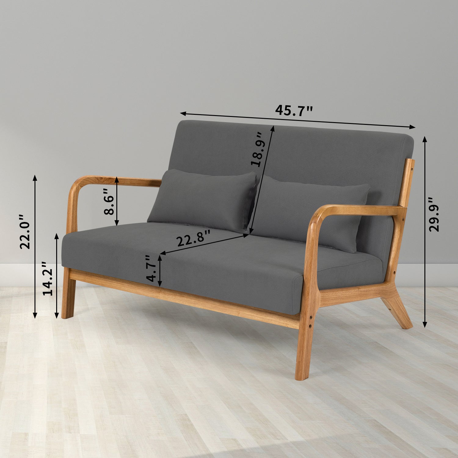 Leisure Chair With Solid Wood Armrest And Feet, Mid Century Modern Accent Sofa,2 Seat Dark Gray Linen