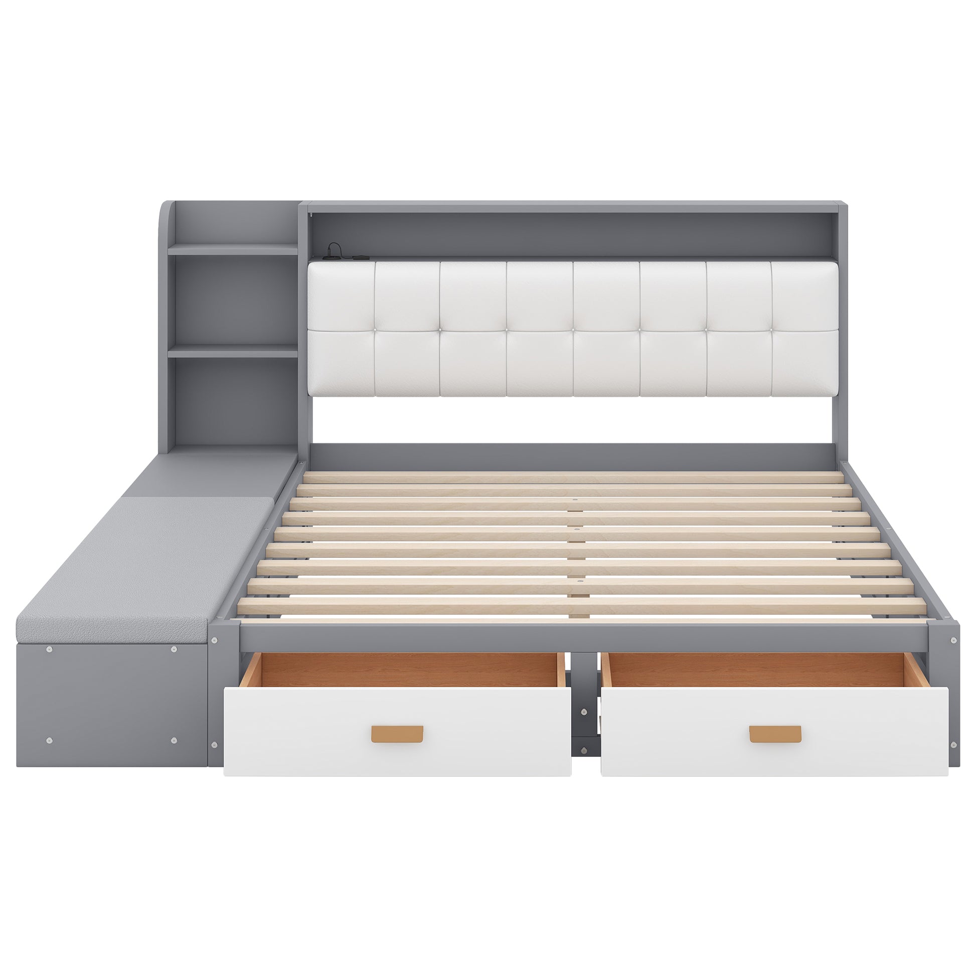 Queen Size Low Profile Platform Bed Frame With Upholstery Headboard And Storage Shelves And Drawers,Usb Charging Design,Gray Queen Gray Solid Wood Mdf