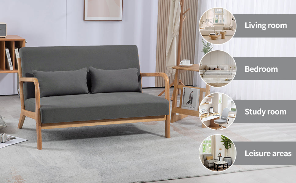 Leisure Chair With Solid Wood Armrest And Feet, Mid Century Modern Accent Sofa,2 Seat Dark Gray Linen