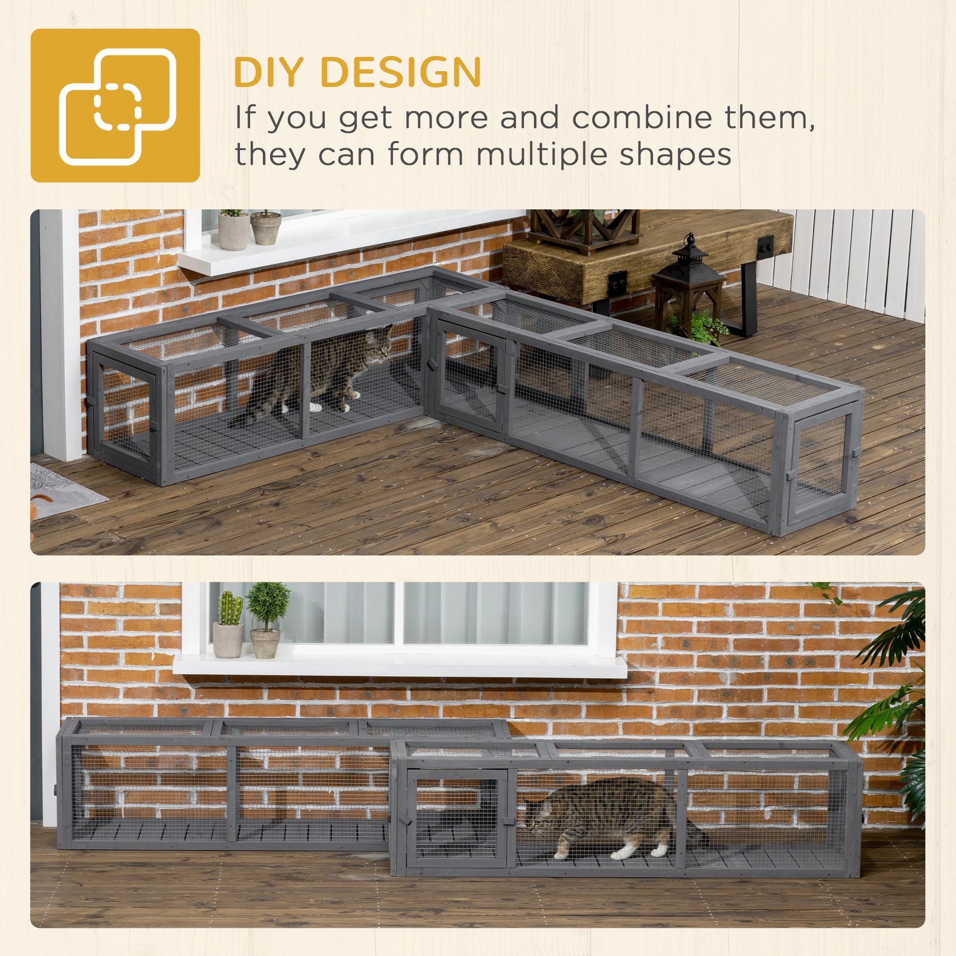 Pawhut Outdoor Cat Tunnel With Extendable Design, 59" L Wooden Cat Run With Weather Protection, Connecting Inside And Outside, For Deck Patios, Balconies, Gray Gray Wood