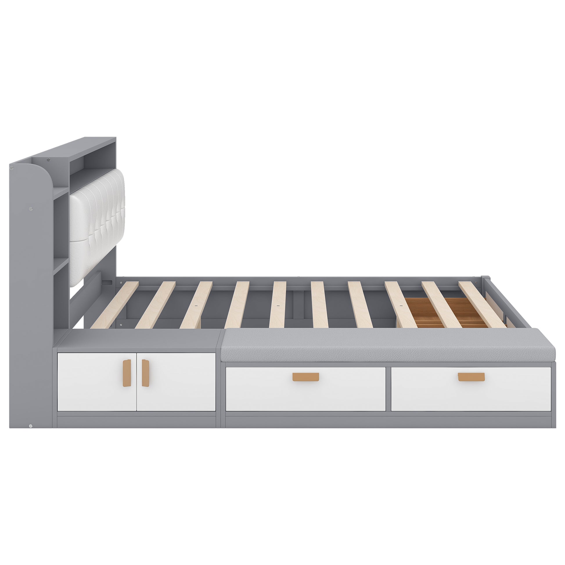 Queen Size Low Profile Platform Bed Frame With Upholstery Headboard And Storage Shelves And Drawers,Usb Charging Design,Gray Queen Gray Solid Wood Mdf