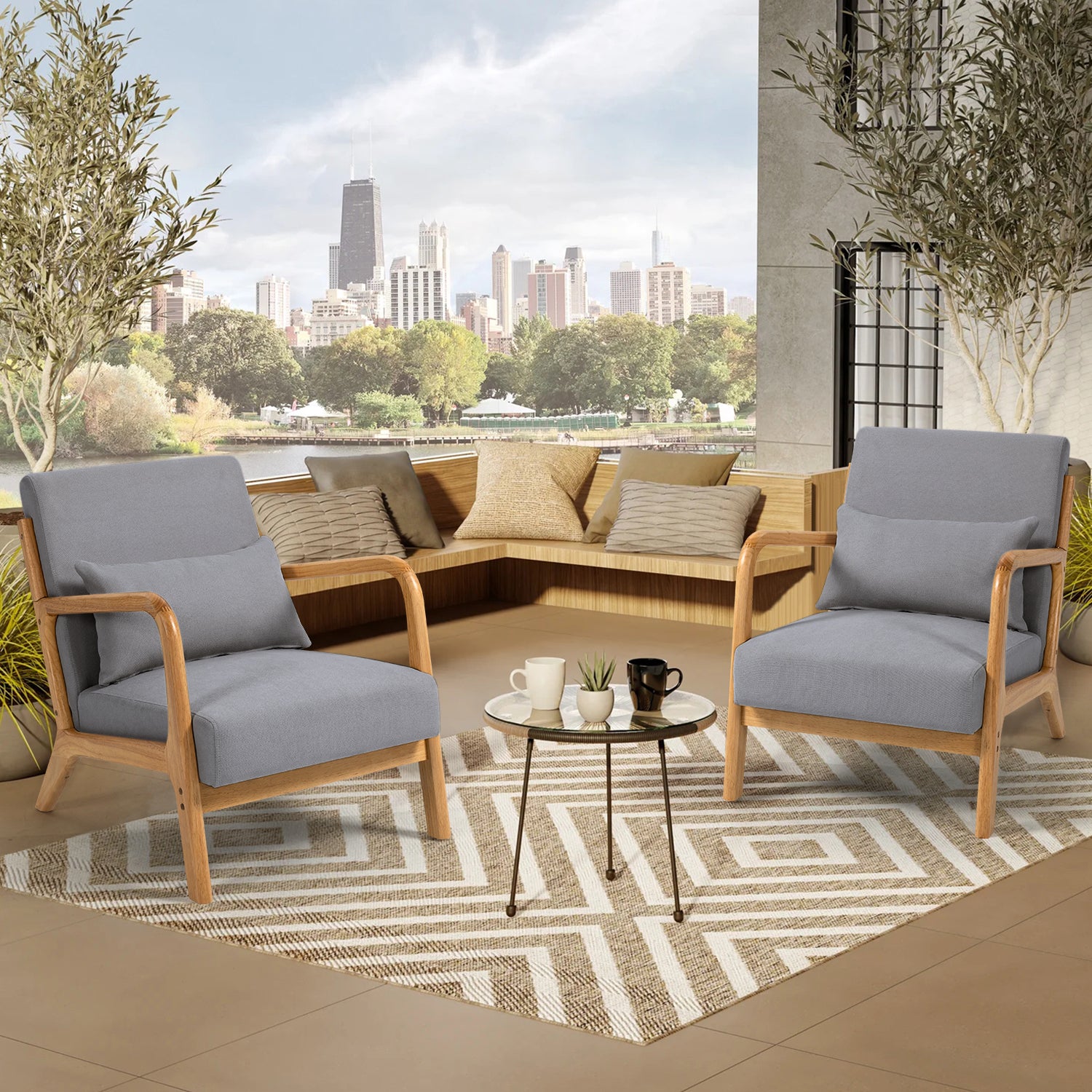 Leisure Chair With Solid Wood Armrest And Feet, Mid Century Modern Accent Sofa,1 Seat Light Gray Linen