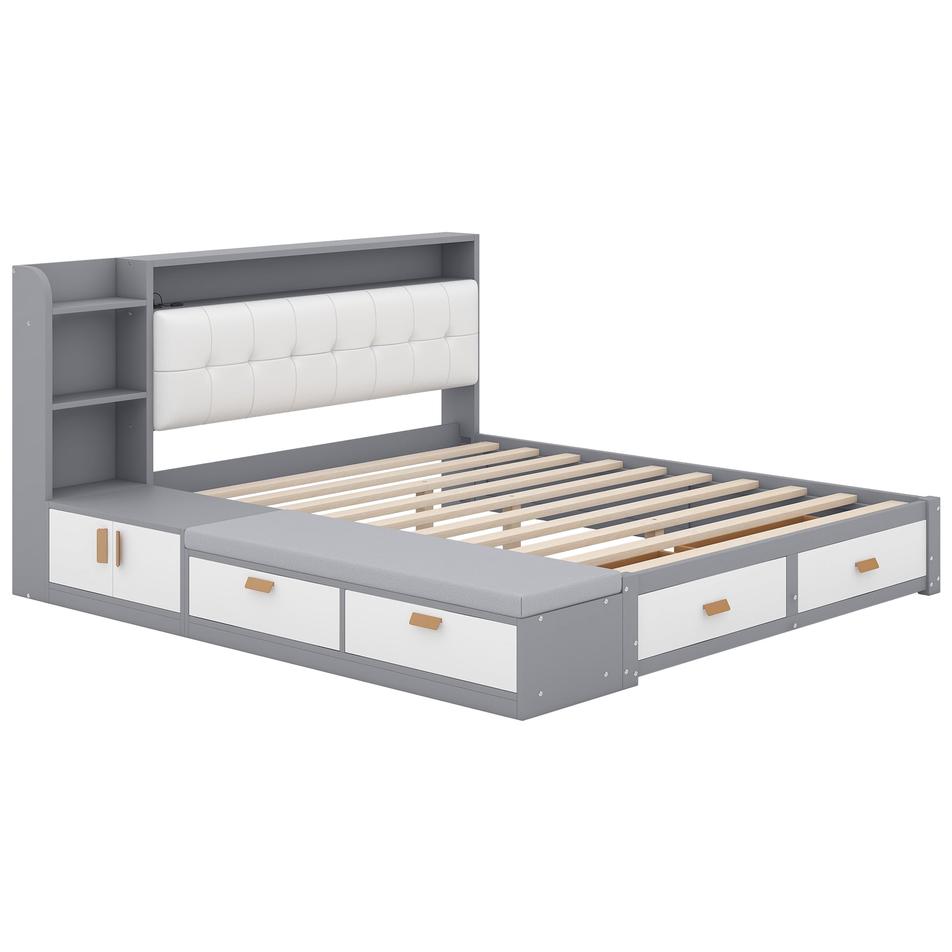 Queen Size Low Profile Platform Bed Frame With Upholstery Headboard And Storage Shelves And Drawers,Usb Charging Design,Gray Queen Gray Solid Wood Mdf