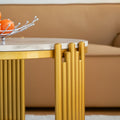 28.35 Inches Round Coffee Table, Small Coffee Table With Storage, Faux Marbling Top & Sturdy Metal Legs, Modern Sofa Table For Living Room, Small Spaces, Home Furniture With Storage Open Shelf. Gold Gold Mdf Metal