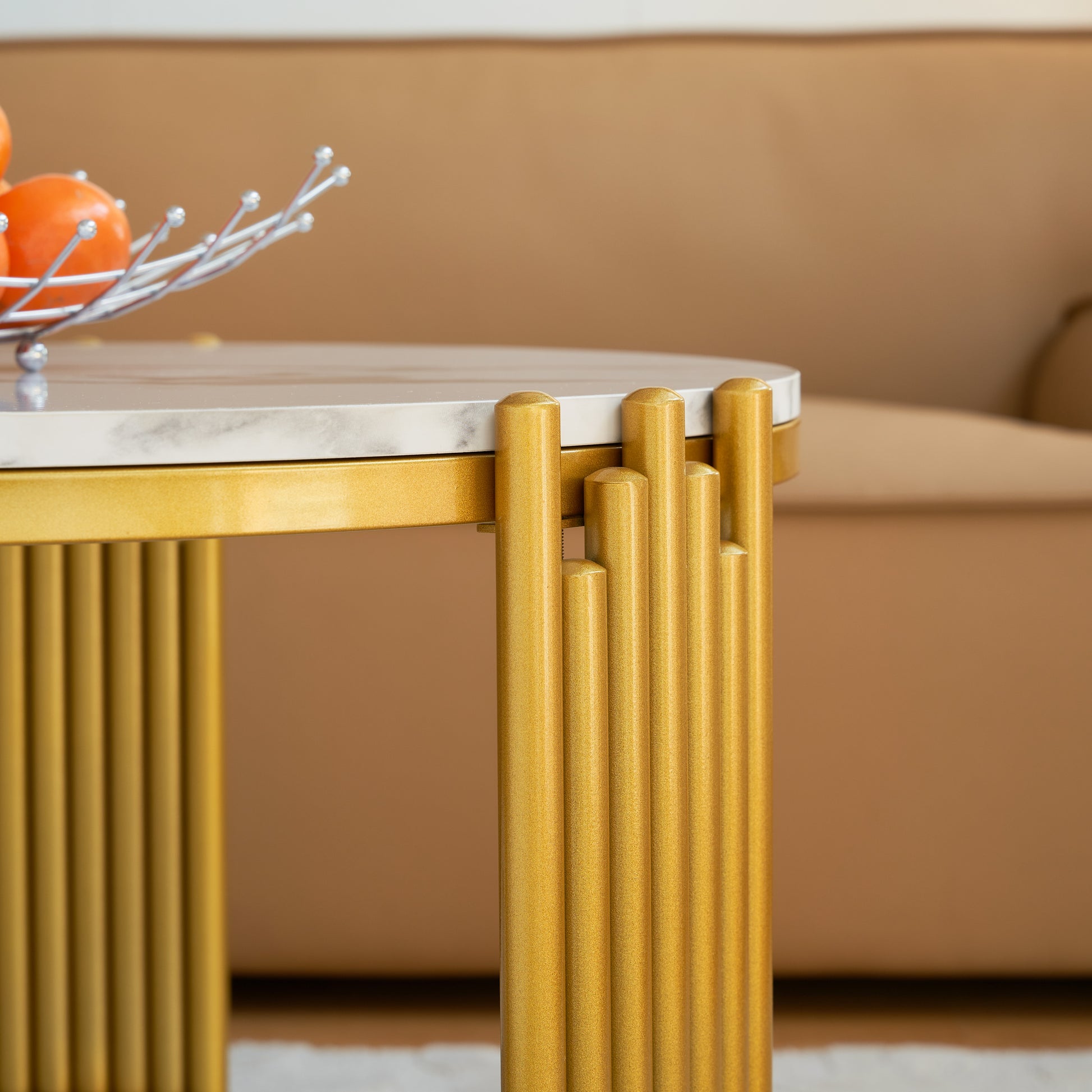 28.35 Inches Round Coffee Table, Small Coffee Table With Storage, Faux Marbling Top & Sturdy Metal Legs, Modern Sofa Table For Living Room, Small Spaces, Home Furniture With Storage Open Shelf. Gold Gold Mdf Metal