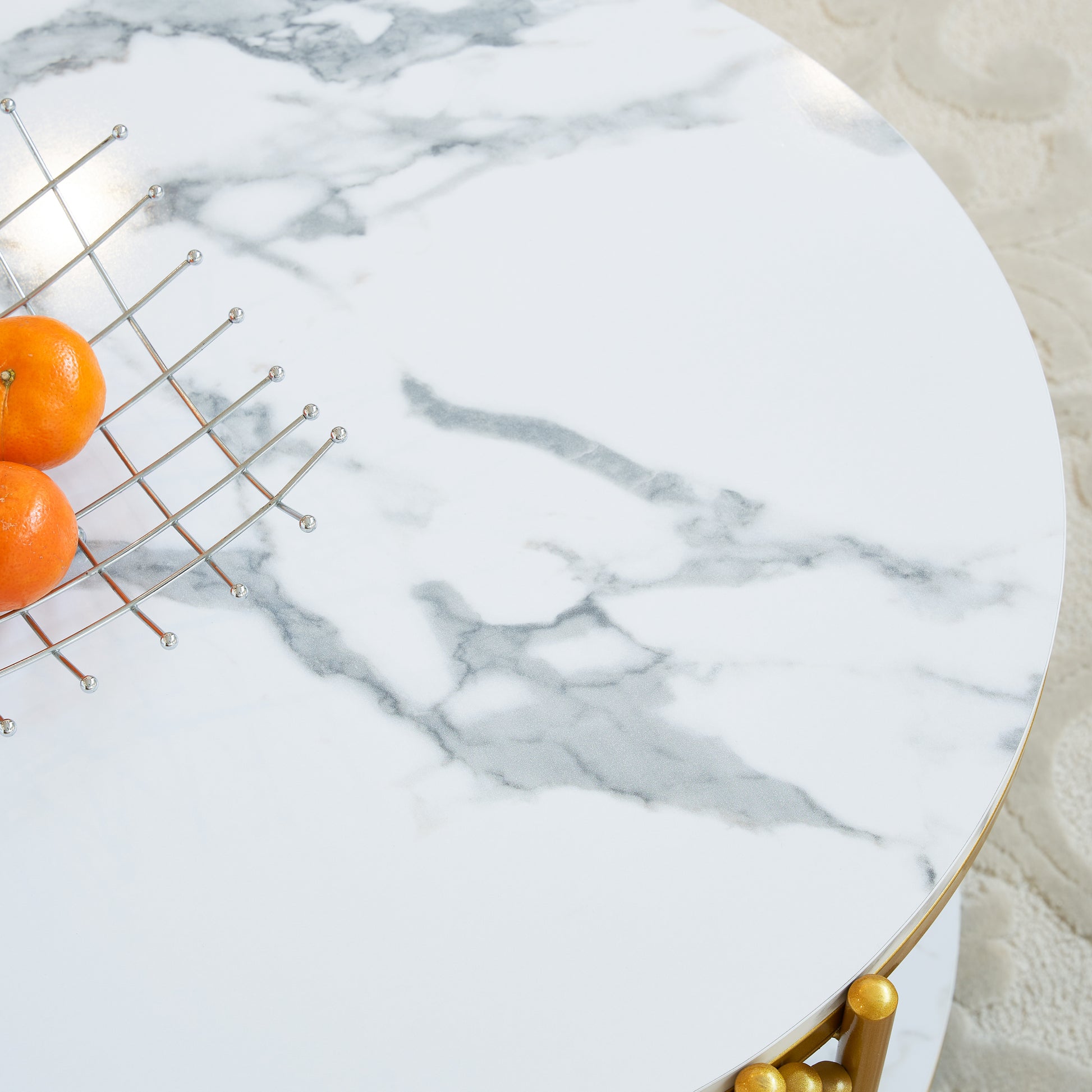 28.35 Inches Round Coffee Table, Small Coffee Table With Storage, Faux Marbling Top & Sturdy Metal Legs, Modern Sofa Table For Living Room, Small Spaces, Home Furniture With Storage Open Shelf. Gold Gold Mdf Metal