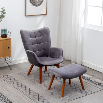 Leiria Contemporary Silky Velvet Tufted Accent Chair With Ottoman, Gray Gray Primary Living Space Rubberwood Polyester