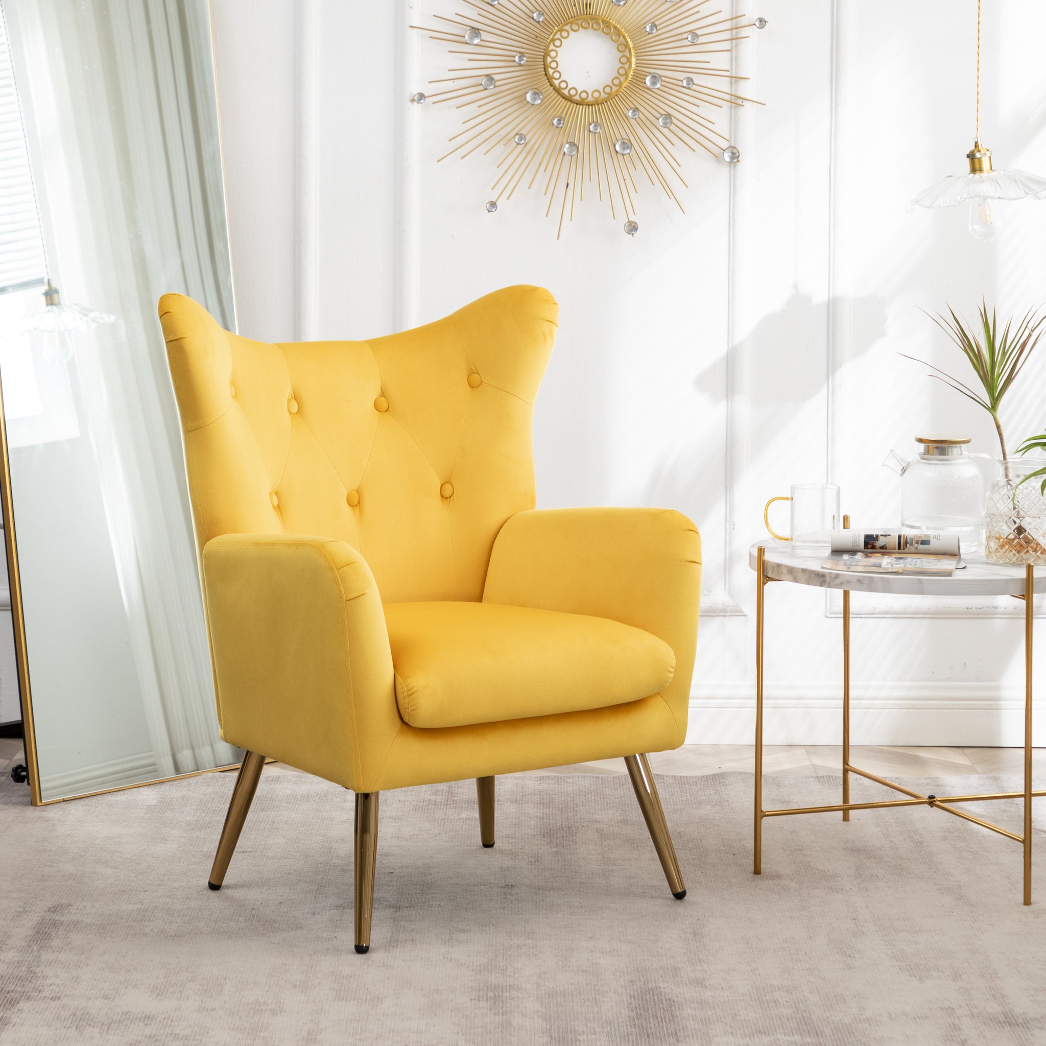 Sovarol Velvet Button Tufted Wing Back Accent Chair, Yellow Yellow Velvet
