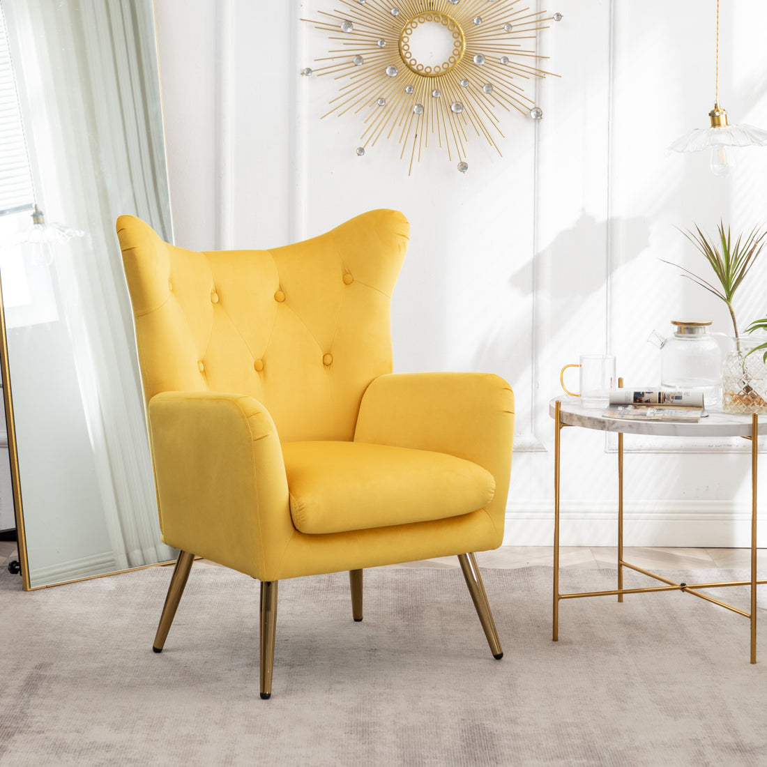 Sovarol Velvet Button Tufted Wing Back Accent Chair, Yellow Yellow Velvet