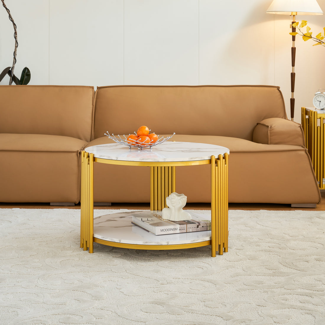 28.35 Inches Round Coffee Table, Small Coffee Table With Storage, Faux Marbling Top & Sturdy Metal Legs, Modern Sofa Table For Living Room, Small Spaces, Home Furniture With Storage Open Shelf. Gold Gold Mdf Metal