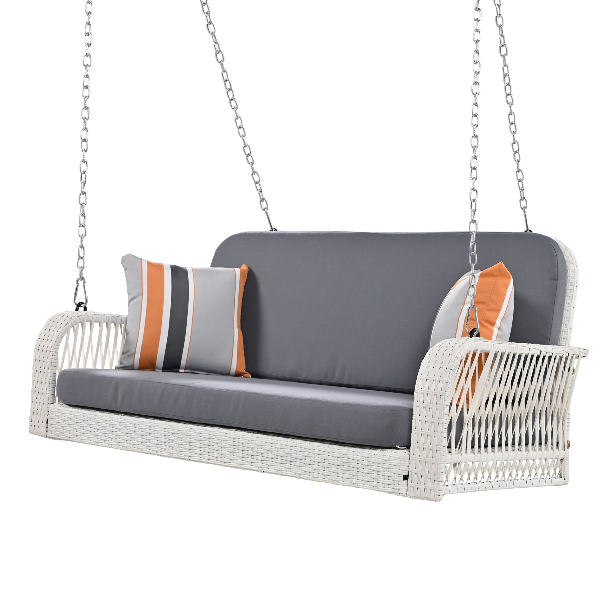 Pe Wicker Porch Swing, 2 Seater Hanging Bench With Chains, Patio Furniture Swing For Backyard Garden Poolside, White And Gray Grey White Foam Wicker