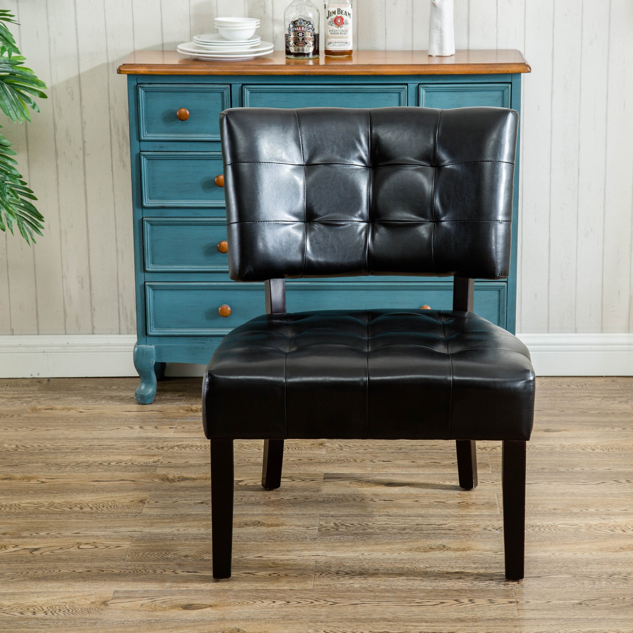 Faux Leather Tufted Accent Chair With Oversized Seating, Black Black Wood