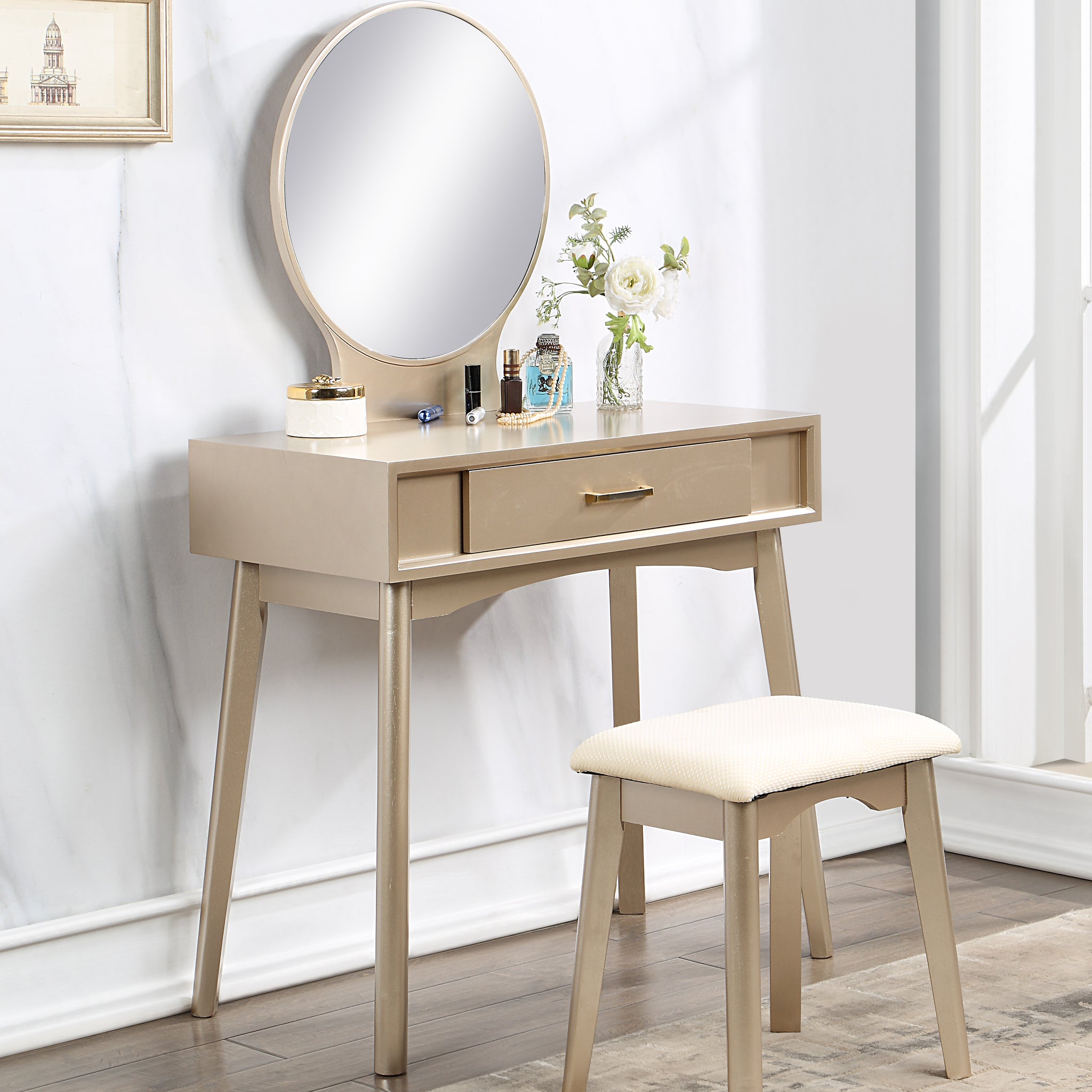 Maly Contemporary Wood Vanity And Stool Set, Gold Gold Wood