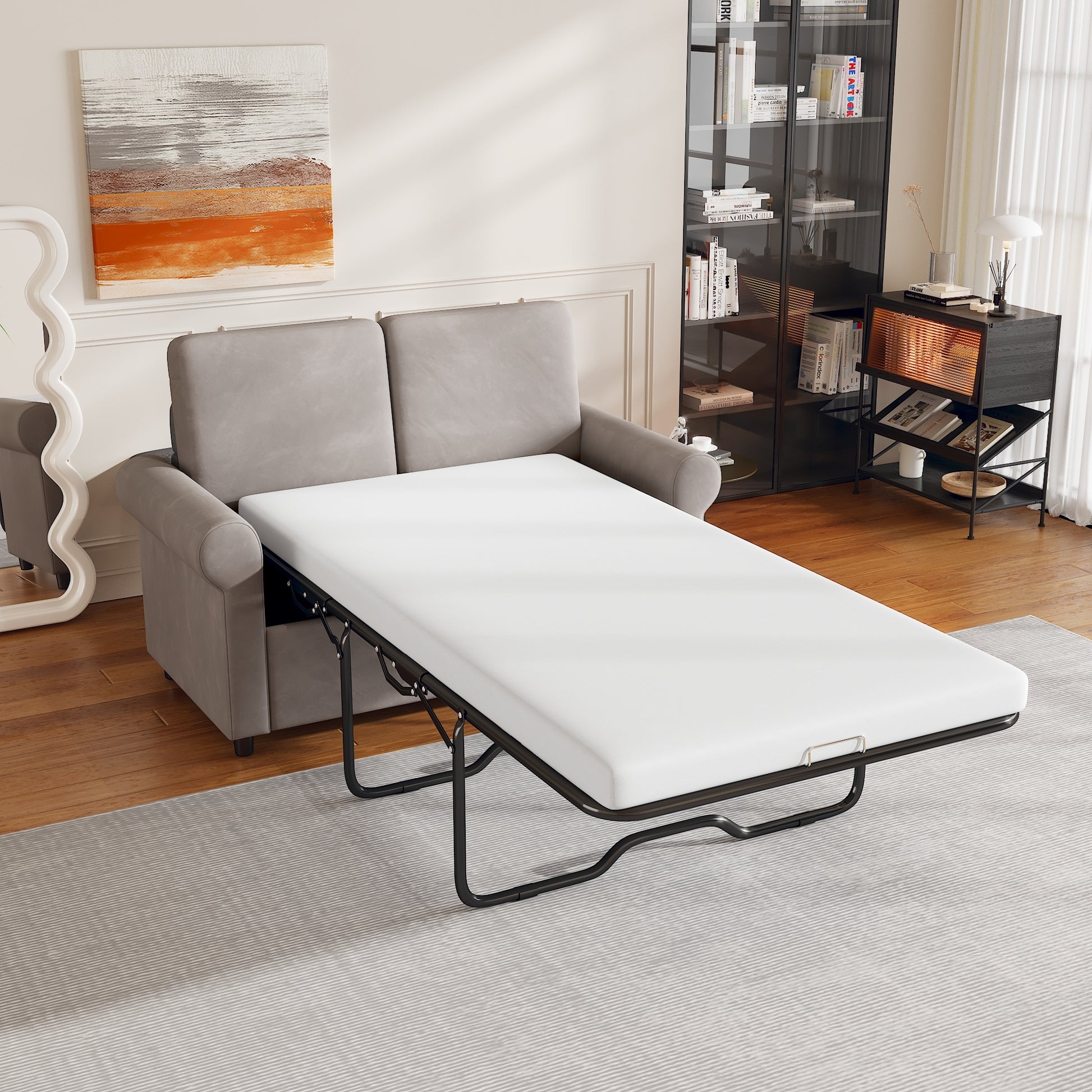 57.4" Pull Out Sofa Bed,Sleeper Sofa Bed With Premium Twin Size Mattress Pad,2 In 1 Pull Out Couch Bed With Two Usb Ports For Living Room,Small Apartment, Light Gray Old Sku:Wf296899 Light Gray Foam Velvet