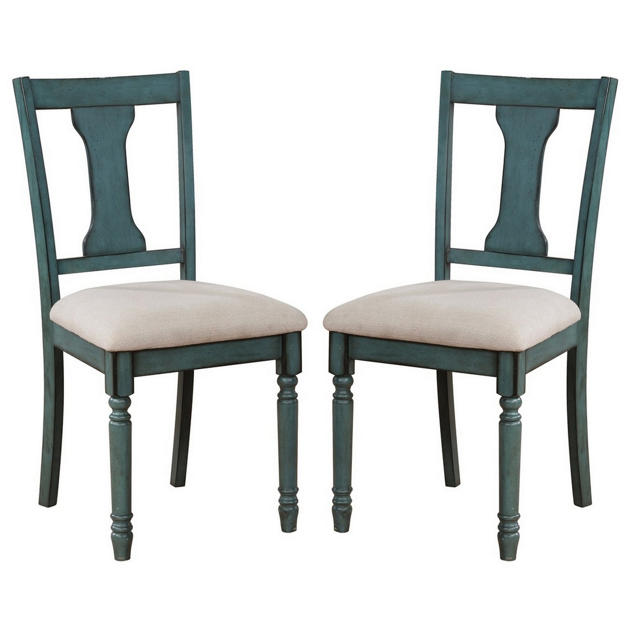 Wooden Side Chair With Open Chiseled Design Back, Set Of 2, Blue Blue Wood Fabric