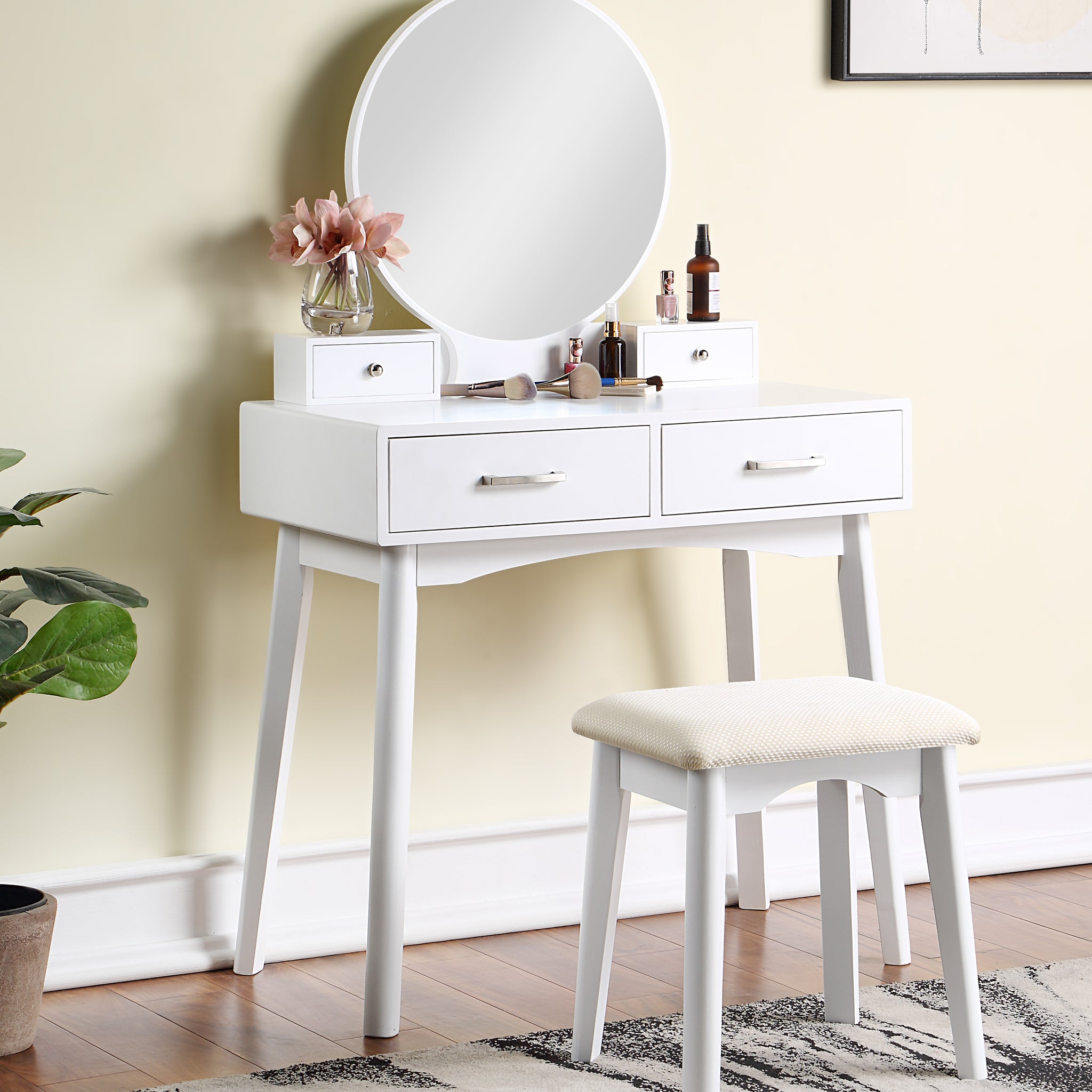 Liannon Contemporary Wood Vanity And Stool Set, White White Wood