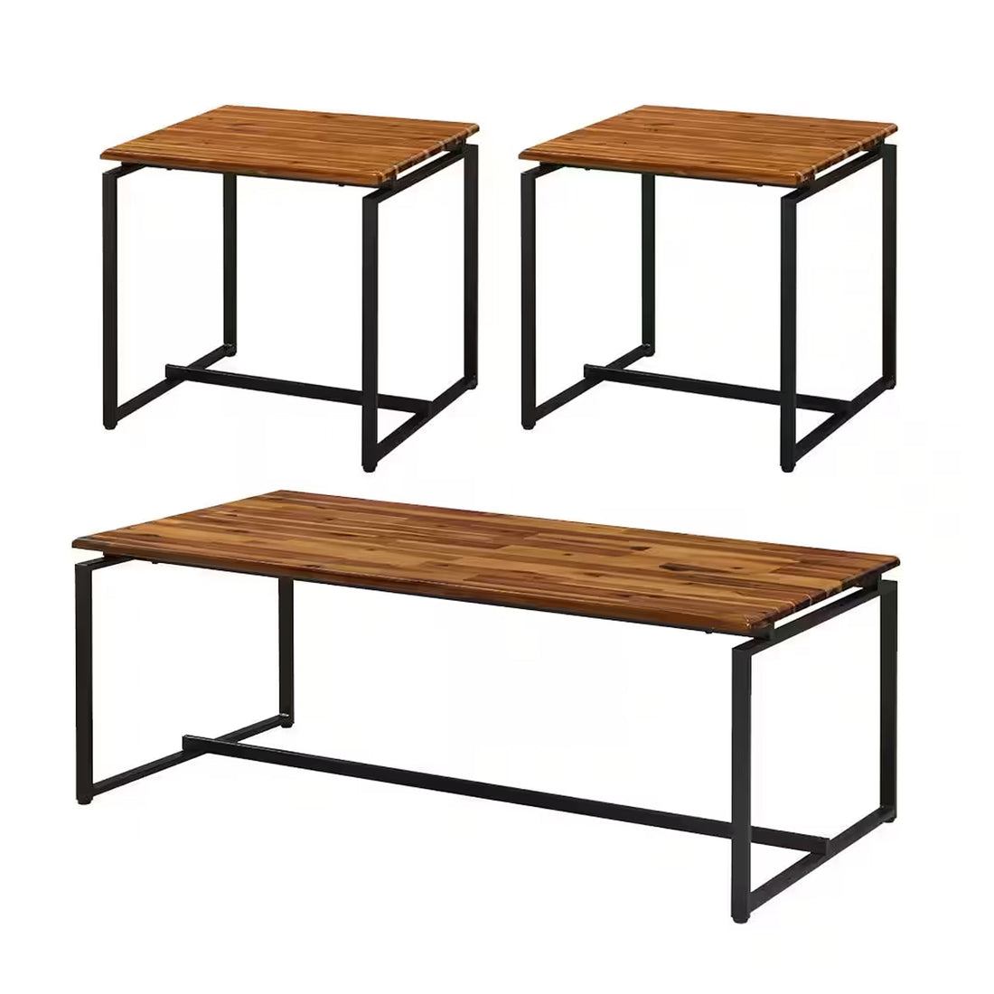 3 Piece Wooden Top Metal Frame Occasional Table Set, Brown And Black Black Brown Metal & Wood
