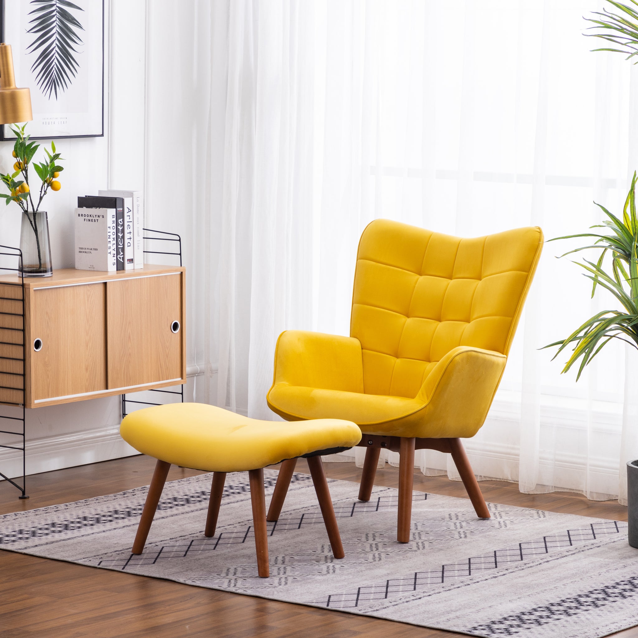 Leiria Contemporary Silky Velvet Tufted Accent Chair With Ottoman, Yellow Yellow Primary Living Space Rubberwood Polyester
