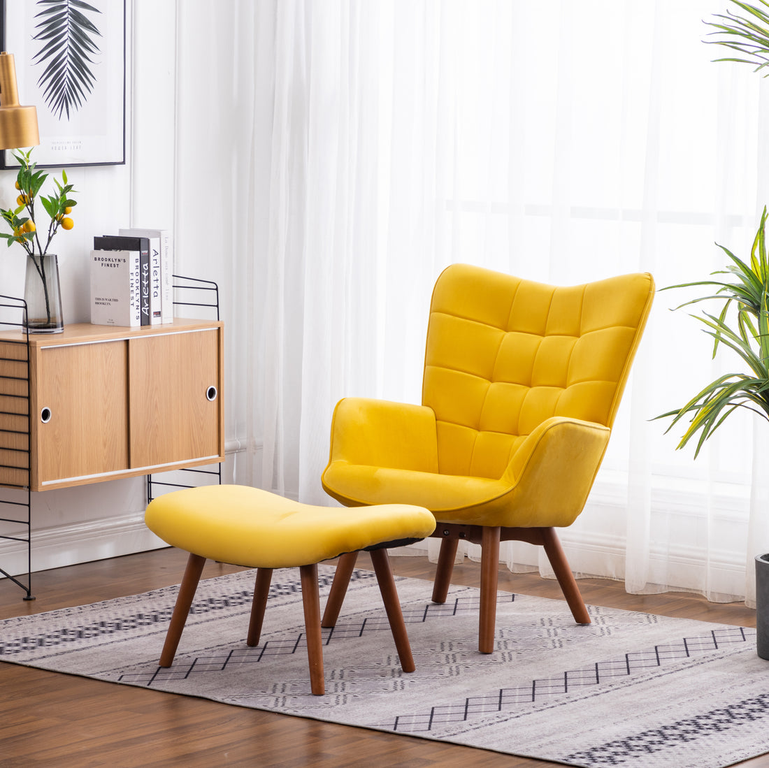 Leiria Contemporary Silky Velvet Tufted Accent Chair With Ottoman, Yellow Yellow Primary Living Space Rubberwood Polyester