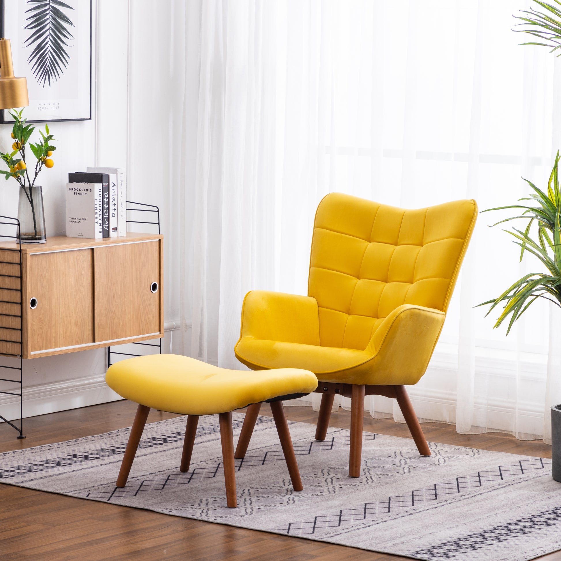 Leiria Contemporary Silky Velvet Tufted Accent Chair With Ottoman, Yellow Yellow Primary Living Space Rubberwood Polyester