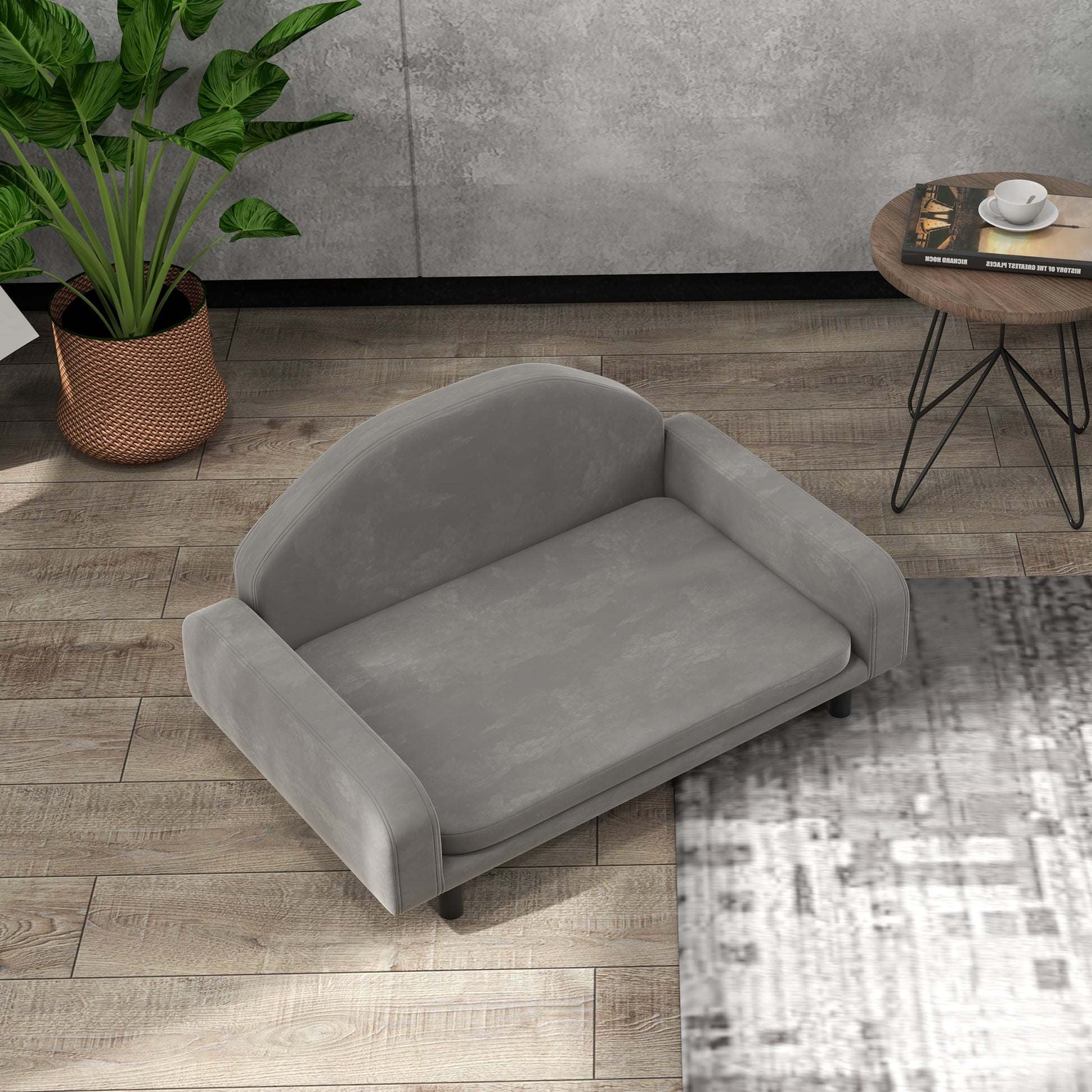 Pawhut Raised Dog Sofa, Elevated Pet Sofa For Small And Medium Dogs, With Soft Cushion, Removable Cover, Anti Slip Pads, Gray Gray Wood