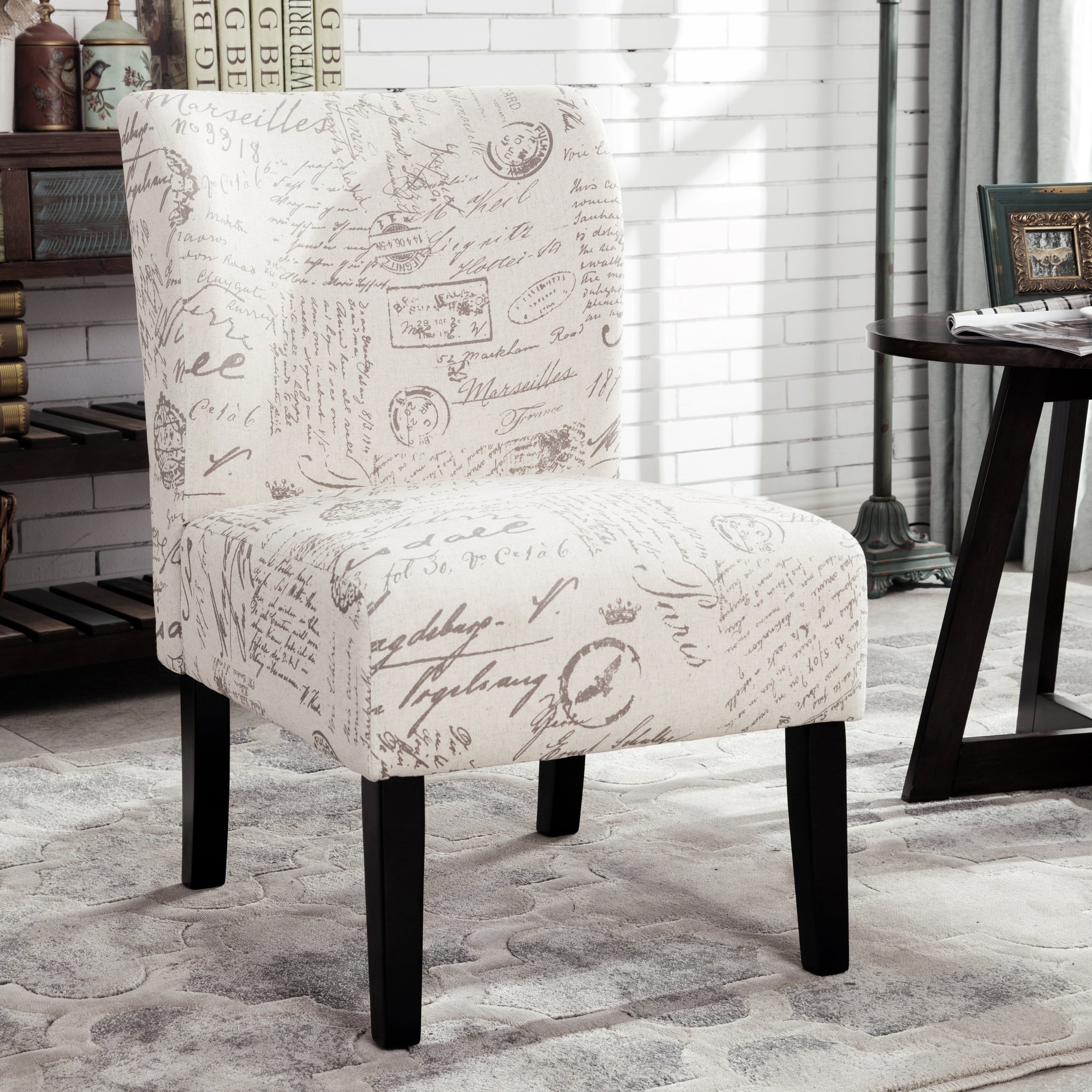 Capa English Letter Print Fabric Armless Contemporary Accent Chair White Polyester Blend