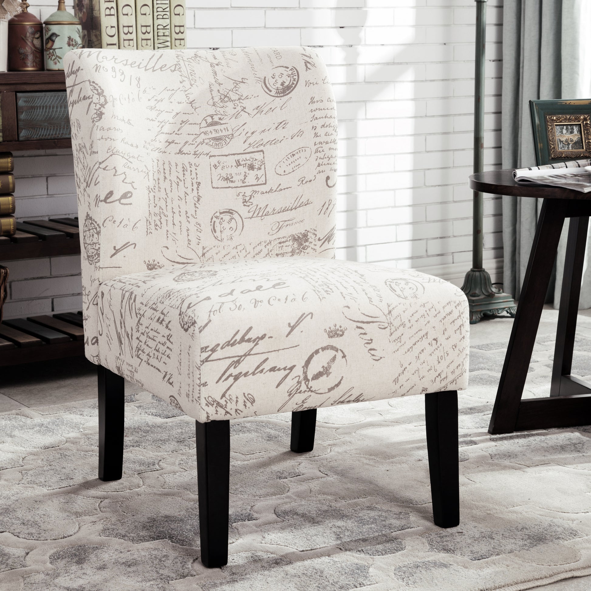 Capa English Letter Print Fabric Armless Contemporary Accent Chair White Polyester Blend