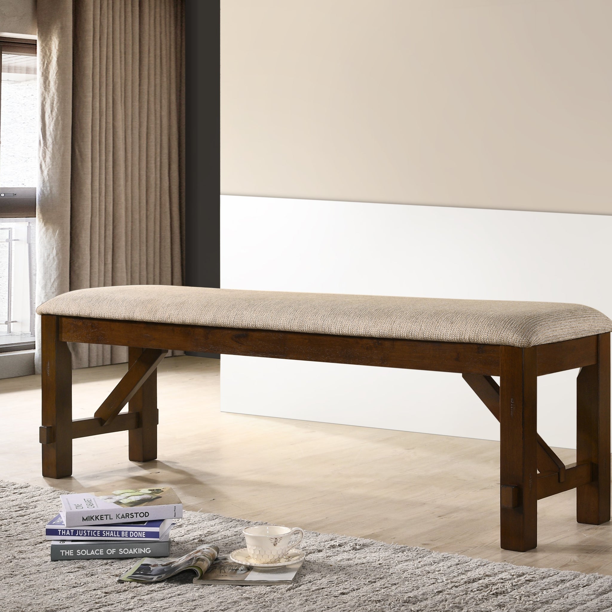 Karven Solid Wood Dining Bench Brown Wood Fabric