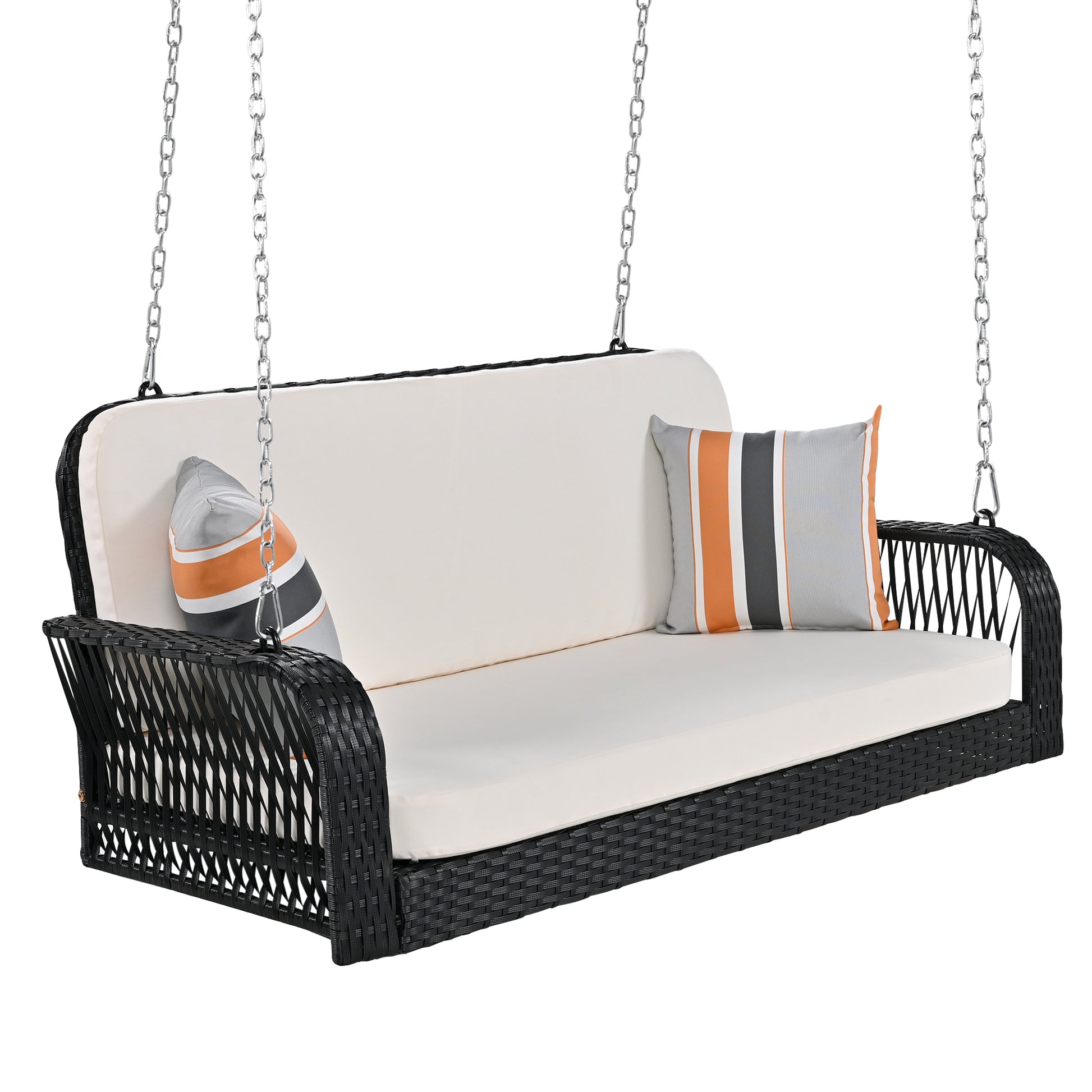 Pe Wicker Porch Swing, 2 Seater Hanging Bench With Chains, Patio Furniture Swing For Backyard Garden Poolside, Black And Beige Beige Black Foam Wicker