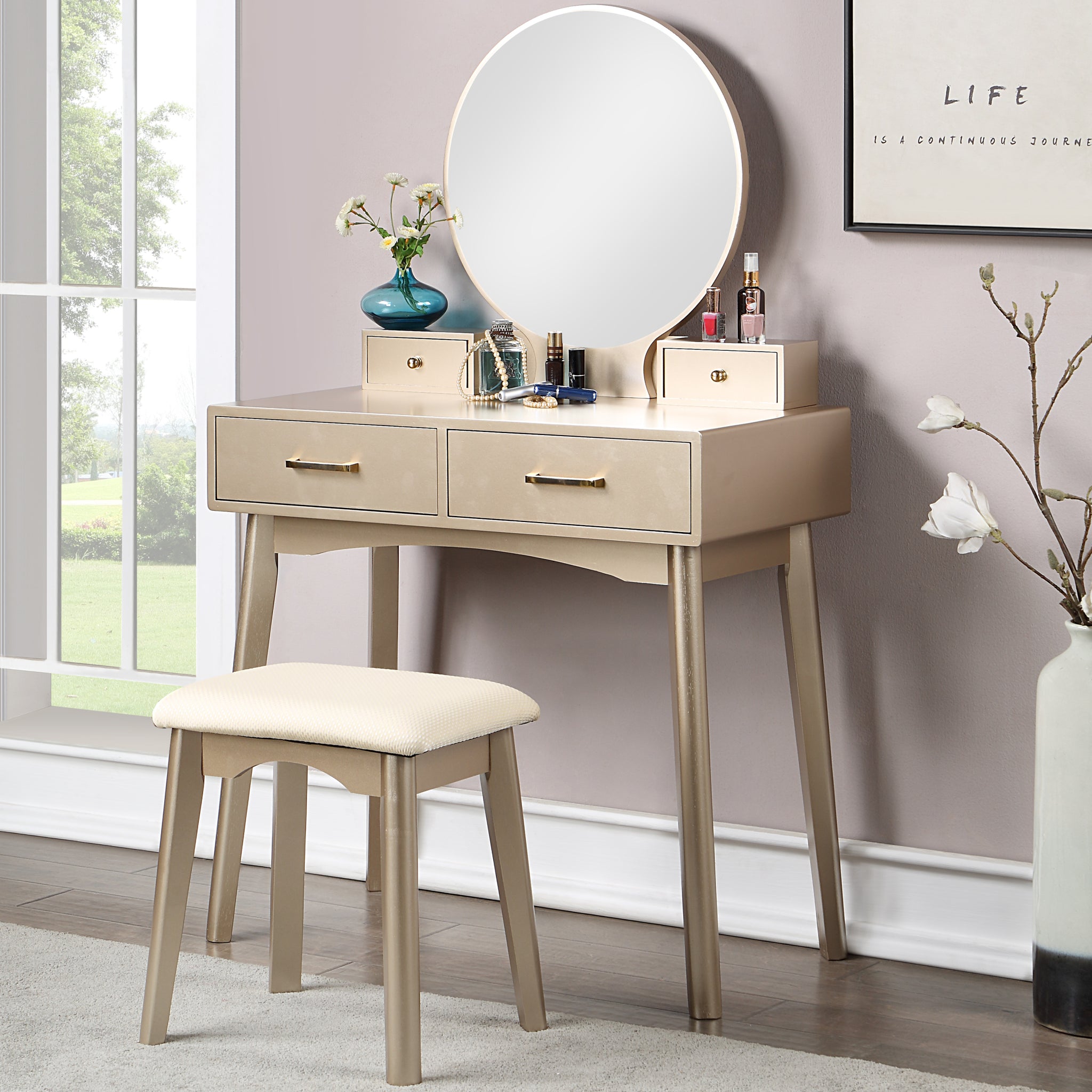 Liannon Contemporary Wood Vanity And Stool Set, Gold Gold Wood