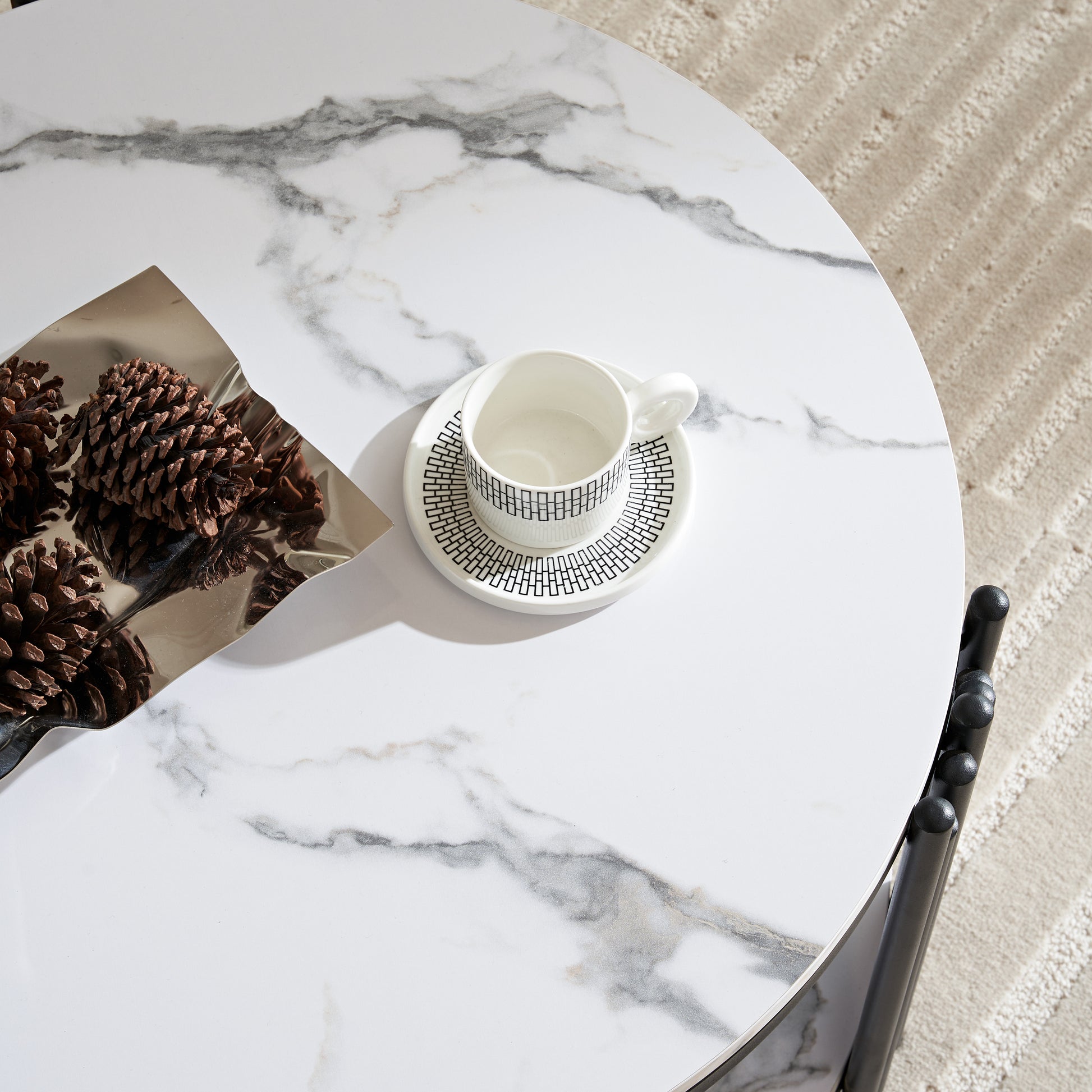 28.35 Inches Round Coffee Table, Small Coffee Table With Storage, Faux Marbling Top & Sturdy Metal Legs, Modern Sofa Table For Living Room, Small Spaces, Home Furniture With Storage Open Shelf. Black Black Mdf Metal