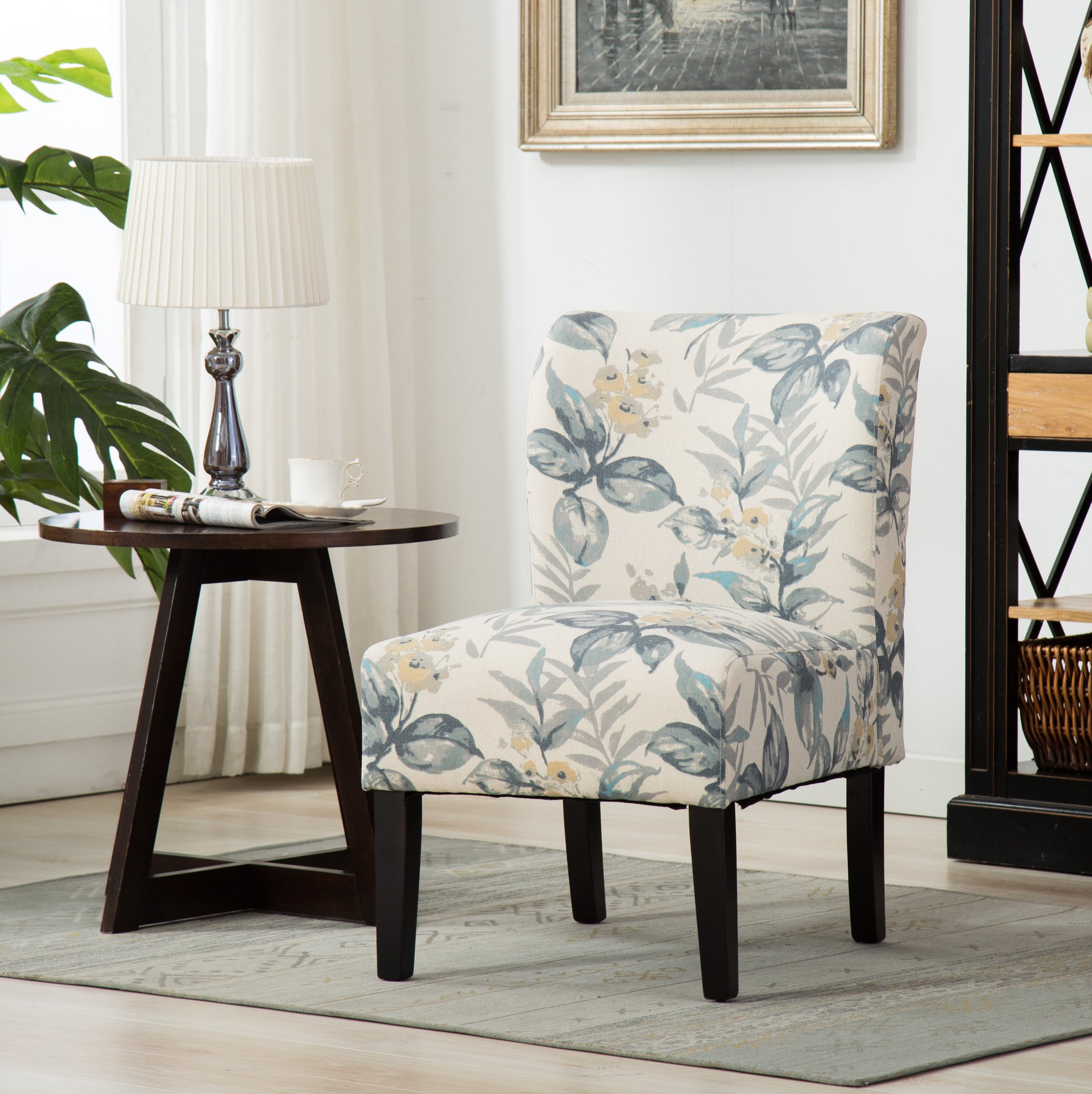 Capa Print Fabric Armless Contemporary Accent Chair, Blue Leaves Multicolor Polyester Blend