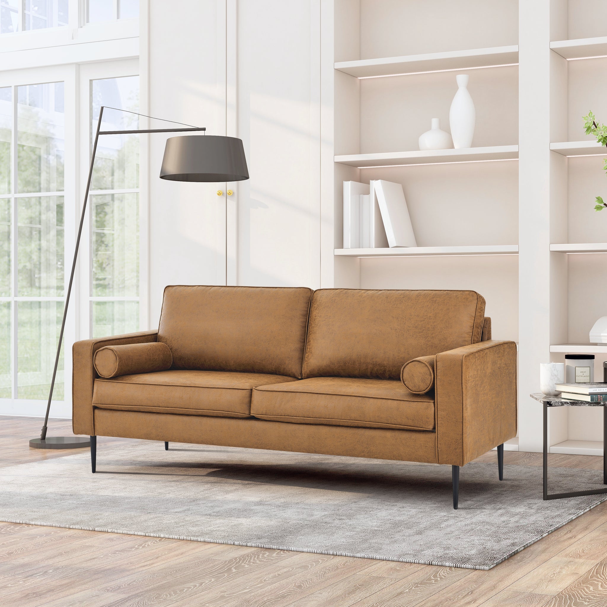 79"Mid Century Modern Couch With High Tech Fabric Surface Upholstered Cushions Pillows,Seat Sofas&Couches For Living Room Apartment Office, Large Brown Brown Wood Primary Living Space Soft Cushion Back American Design Square Arms Polyester Fabric 2 Seat